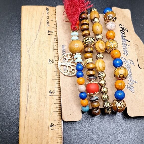 BOHO wooden beaded charm bracelet tree of life with tassel - Picture 3 of 3